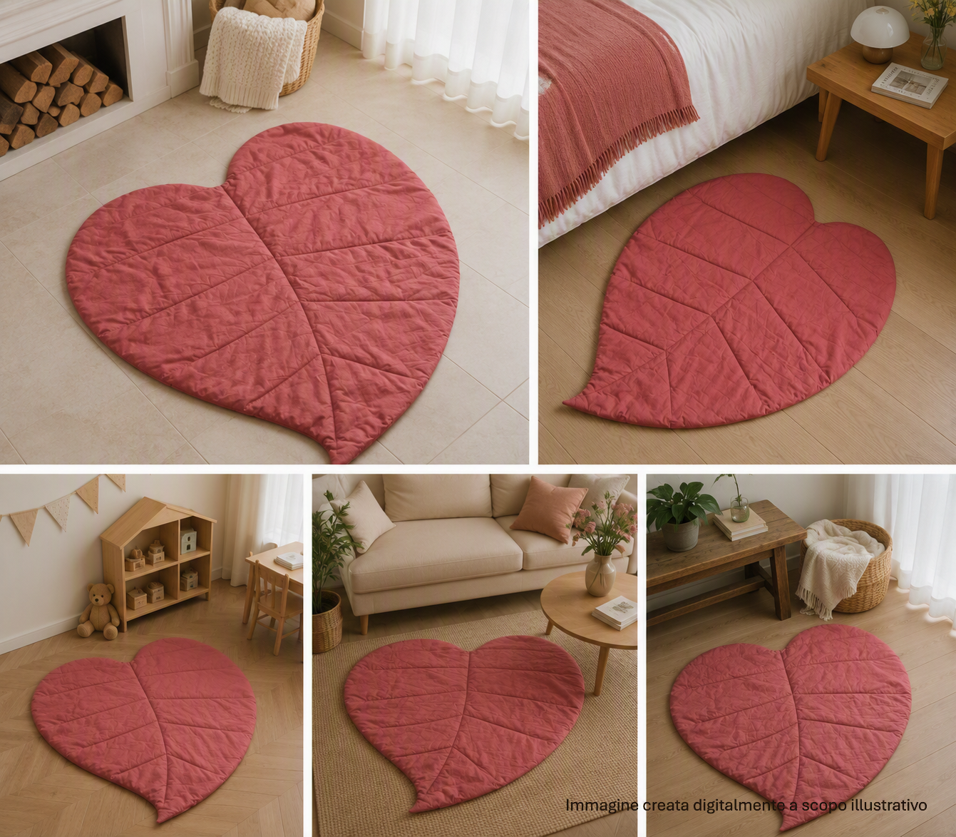 Tappeto foglia cuore in tessuto imbottito rosa antico