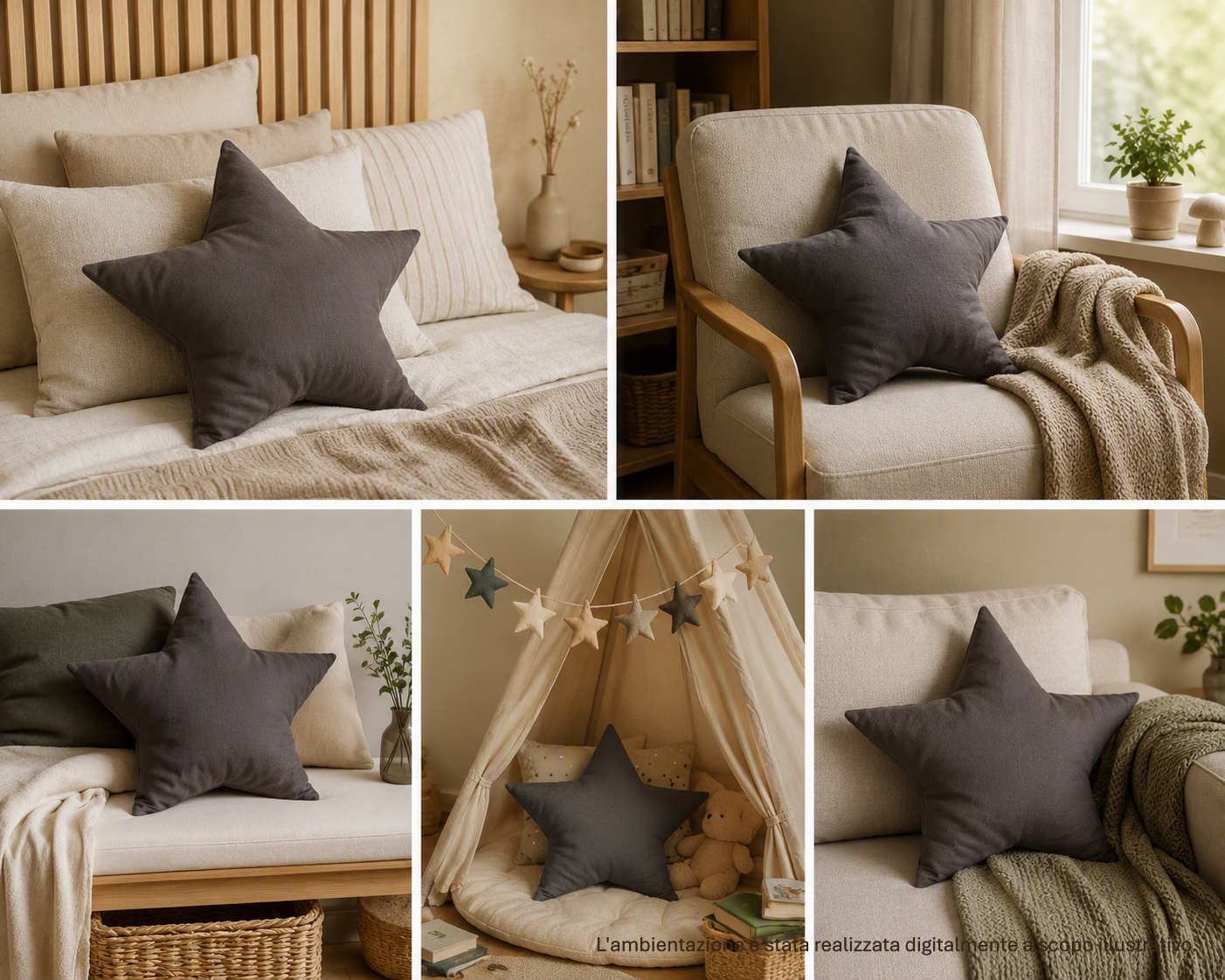 Cuscino a forma di stella in cotone grigio scuro